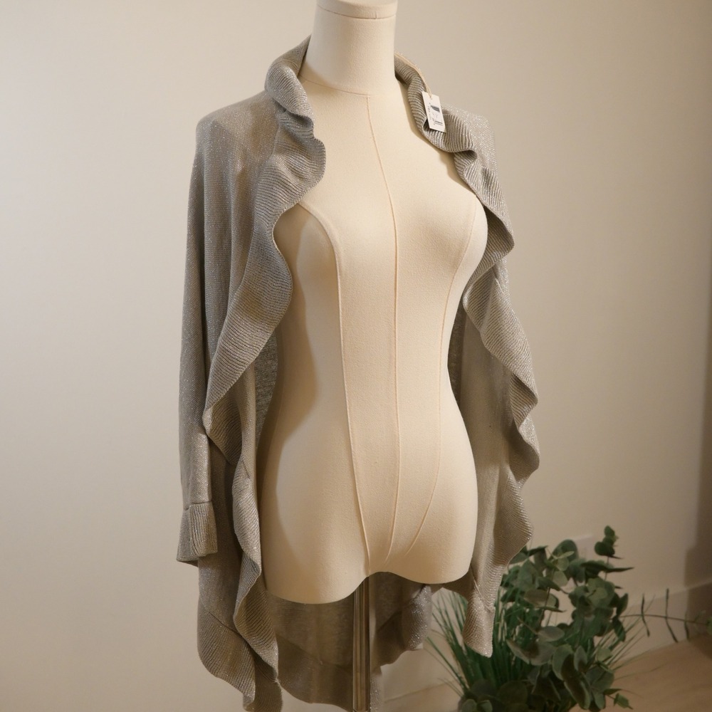 Top It Off Women Silver Metallic Ruffle Trim Open Front Shimmer Cardigan Wrap